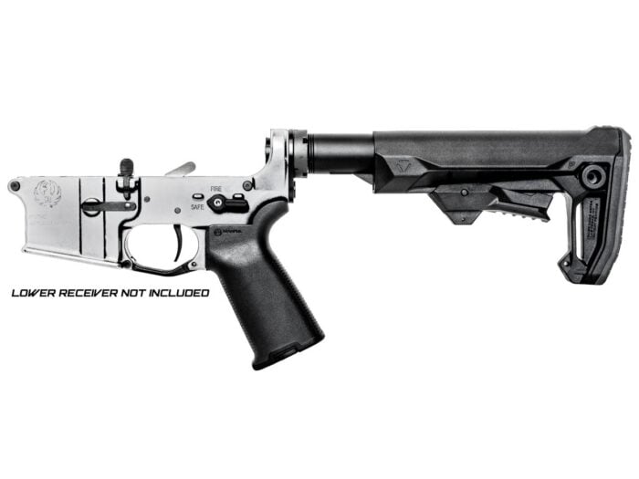 Left-side view of a Stalker AR-15 lower build kit mounted on a silver demonstration receiver with an adjustable Strike Industries stock.