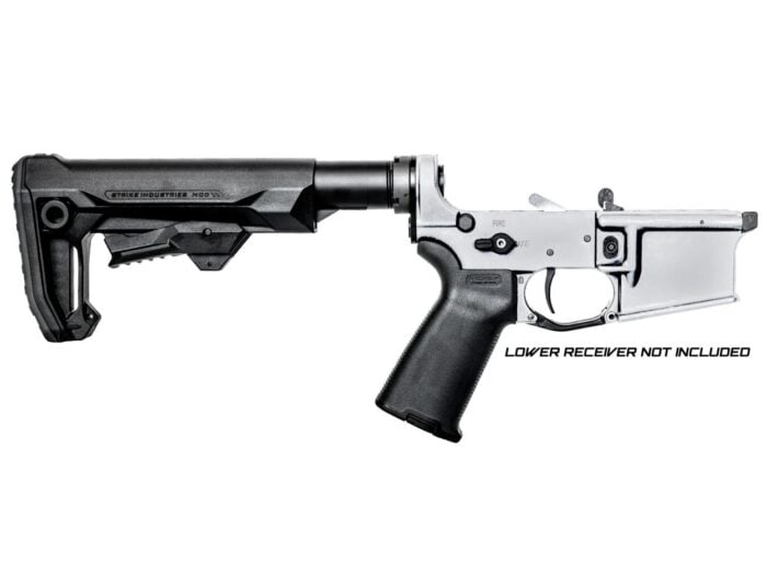 Stalker AR-15 lower build kit featuring an adjustable Strike Industries stock, buffer tube, Magpul grip, and lower parts installed on a demonstration receiver.
