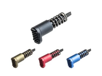 Strike Industries extended AR-15 forward assist assemblies shown in black, FDE, red, and blue anodized finishes.