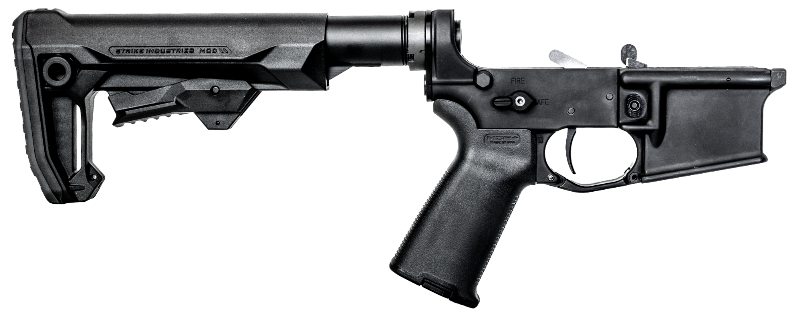 Grendel Hunter AR-15 lower build kit with Magpul MOE grip, Strike Industries adjustable stock, and mil-spec lower receiver components.