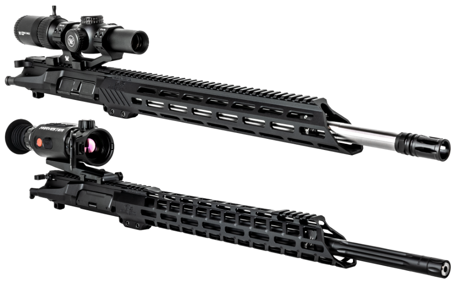 Two Grendel Hunter AR-15 complete upper receivers featuring a Vortex riflescope on the top rifle and a Predator Thermal Optics thermal scope on the bottom rifle.