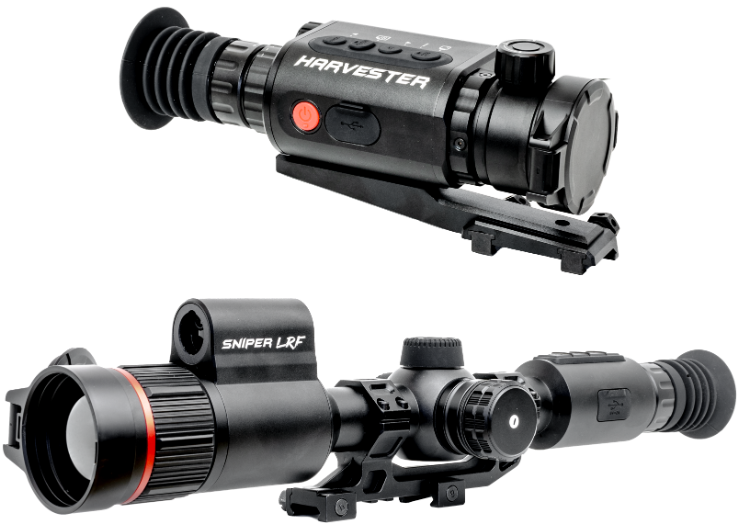 Predator Thermal Optics Harvester thermal scope displayed above the Sniper LRF thermal riflescope with integrated laser rangefinder.