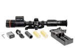 Sniper LRF rangefinder with batteries, charger, mounting hardware, and accessories.