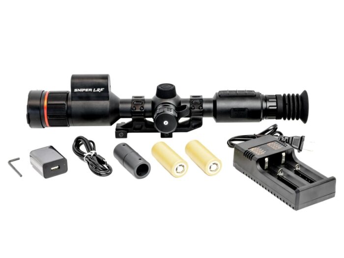 Sniper LRF rangefinder with batteries, charger, mounting hardware, and accessories.