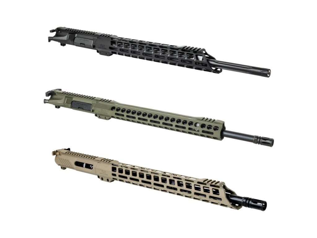 Three Grendel Hunter AR-15 upper receivers in black, OD green, and flat dark earth shown on a white background.