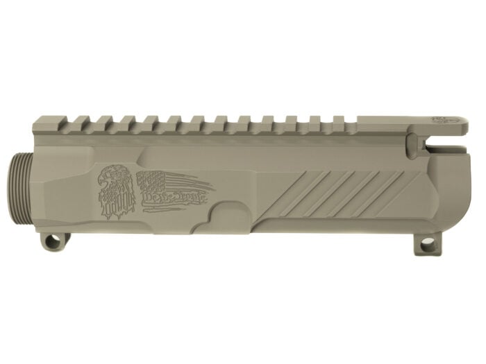 Left-side view of the Grendel Hunter FDE stripped AR-15 upper receiver with engraved eagle and We the People design and full-length Picatinny rail.
