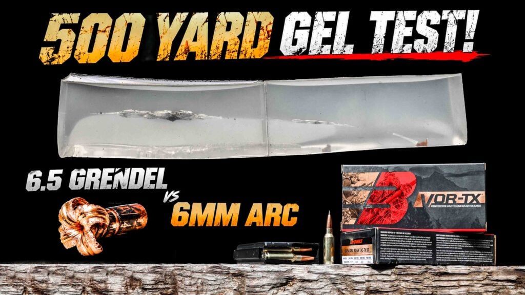500-yard ballistic gel test comparing 6.5 Grendel and 6mm ARC ammunition, with a recovered bullet and Vortex ammunition box displayed below the gel block.