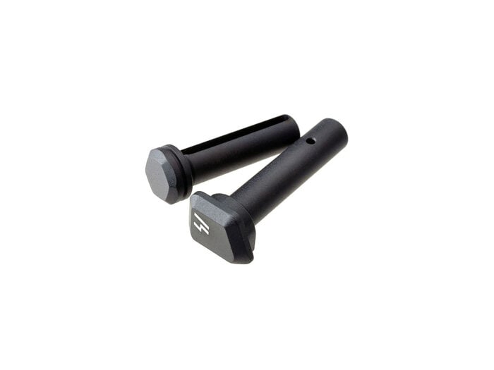 Strike Industries AR-15 extended takedown pins in black shown from an angled view