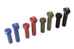 Strike Industries AR-15 extended takedown pins shown in blue, red, OD green, and black