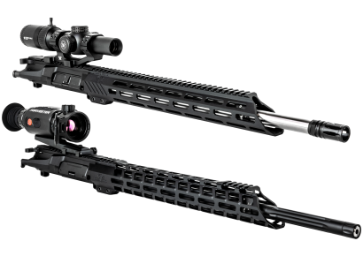 Two rifle upper receivers with scopes shown side by side on a white background.