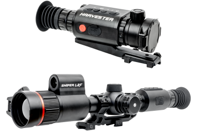 Two black thermal rifle scopes labeled HARVESTER and SNIPER LRF on a transparent background.